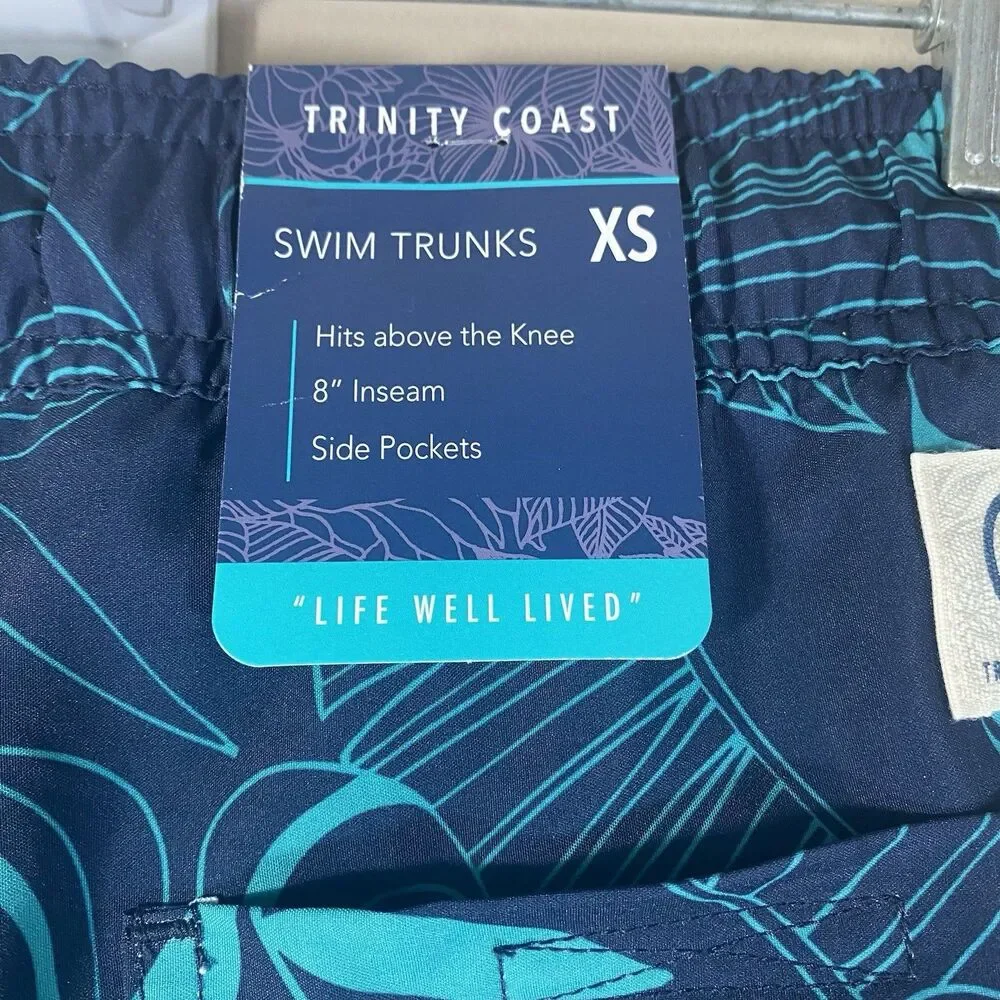 Trinity Coast Swim Trunks Men XS Navy Mint Mesh Lining Side Pockets Floral